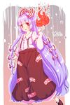  :o bow collared_shirt fire flame flat_chest fujiwara_no_mokou furim hair_bow highres juliet_sleeves long_hair long_sleeves looking_at_viewer ofuda_on_clothes pants puffy_sleeves purple_hair red_eyes shirt shoe_bow shoes solo suspenders touhou very_long_hair 