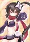  black_hair breasts cleavage closed_mouth cowboy_shot hair_between_eyes holding long_hair mahou_shoujo_ikusei_keikaku medium_breasts navel ninja okazaki_beru outstretched_arm red_eyes red_scarf ripple_(mahoiku) scarf shuriken side_ponytail solo very_long_hair 