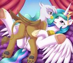  2016 anus avian beak blush brown_feathers brown_fur butt clitoris cutie_mark dock duo equine evomanaphy eye_contact eyelashes feathered_wings feathers female female/female feral friendship_is_magic fur gilda_(mlp) gryphon hair hi_res horn inside long_hair lying mammal my_little_pony on_back open_mouth paws princess_celestia_(mlp) pussy sex spread_legs spreading tribadism white_feathers winged_unicorn wings 