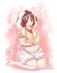  :o animal_ears barefoot belly belly_rub bloomers blush bow bowtie breasts brown_hair bunny_ears bunny_tail carrot_necklace floppy_ears furim highres inaba_tewi looking_at_viewer navel no_nose no_pants plump red_eyes short_hair sitting small_breasts solo tail toes touhou undersized_clothes underwear wariza 