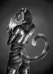  anthro butt clothed clothing collar feline fire looking_at_viewer lunakia magic male mammal monochrome rubber solo standing 