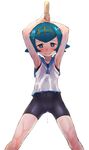  armpits arms_up blue_eyes blue_hair blue_sailor_collar blush bright_pupils carrying_overhead dripping flat_chest hairband highres holding legs_apart looking_at_viewer nose_blush pokemon pokemon_(game) pokemon_sm sailor_collar shirt short_hair simple_background sleeveless solo suiren_(pokemon) swimsuit tears trial_captain wantacchi water wet wet_clothes white_background 