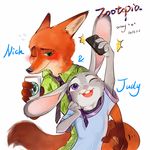  2016 anny☆ beverage blush buckteeth canine clothed clothing coffee disney duo female fox green_eyes judy_hopps lagomorph male mammal necktie nick_wilde phone purple_eyes rabbit selfie shirt size_difference smile teeth text zootopia 