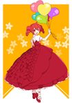  ahoge ankle_cuffs balloon dress drill_hair frilled_dress frills full_body gown heart_balloon high_heels kasane_teto lolita_fashion long_dress looking_at_viewer open_mouth orange_background pink_hair puffy_short_sleeves puffy_sleeves red_eyes red_hair short_sleeves simple_background smile solo twin_drills utau yoshiki 
