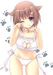  ;p animal_ears ass_visible_through_thighs bell bell_choker blush breasts brown_hair cat_cutout cat_ears cat_hair_ornament cat_lingerie choker cleavage cleavage_cutout daidai_jamu hair_ornament hairclip jingle_bell large_breasts looking_at_viewer meme_attire navel one_eye_closed original panties paw_pose purple_eyes revision ribbon short_hair side-tie_panties solo tongue tongue_out underwear white_background white_panties white_ribbon 
