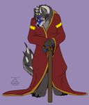  anthro bakari canine clothed clothing female fur hair horn hybrid mammal solo staff standing 
