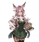  animal_ears apron bare_shoulders black_legwear breasts catherine_(granblue_fantasy) cleavage erune garter_straps granblue_fantasy hand_on_hip holding holding_tray large_breasts long_hair looking_away minaba_hideo miniskirt official_art open_mouth pink_hair purple_eyes skirt solo teapot thighhighs transparent_background tray waitress zettai_ryouiki 