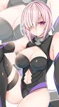  bare_shoulders black_legwear breasts cleavage elbow_gloves fate/grand_order fate_(series) gloves hair_over_one_eye highres large_breasts looking_at_viewer mash_kyrielight purple_eyes purple_hair shisei_(kyuushoku_banchou) short_hair sitting solo thighhighs twitter_username zoom_layer 