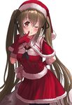  alternate_costume ao_iro arm_behind_back breasts brown_eyes capelet gloves hat highres kantai_collection leaning_forward light_brown_hair long_hair looking_at_viewer medium_breasts miniskirt murasame_(kantai_collection) pom_pom_(clothes) red_gloves red_hat red_skirt santa_costume santa_hat simple_background skirt solo strapless twintails upper_body very_long_hair white_background 