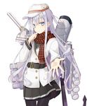  anchor belt black_legwear blue_eyes buttons cowboy_shot flat_cap hair_between_eyes hammer_and_sickle hat hibiki_(kantai_collection) jacket kantai_collection long_hair long_sleeves looking_at_viewer machinery mochiki open_hand outstretched_arm pantyhose plaid plaid_scarf pleated_skirt scarf silver_hair simple_background skirt solo star turret verniy_(kantai_collection) white_background 