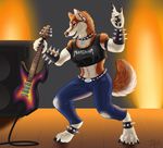  anthro bakari canine clothed clothing facial_piercing female guitar looking_at_viewer mammal musical_instrument nose_piercing open_mouth piercing solo standing 