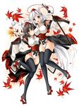  :d animal_ears autumn_leaves black_hair black_legwear blush breasts commentary_request fan full_body geta groin hand_on_another's_back hat hauchiwa highres holding holding_fan holding_sword holding_weapon inubashiri_momiji kamiya_tomoe katana kourindou_tengu_costume large_breasts leaf looking_at_viewer maple_leaf multiple_girls no_panties obi open_mouth pelvic_curtain pom_pom_(clothes) red_eyes sash scabbard shameimaru_aya sheath sheathed short_hair silver_hair smile sword tail tengu-geta thighhighs tokin_hat touhou weapon wolf_ears wolf_tail 