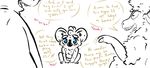  2016 anthro blue_eyes blush caprine cheek_tuft chest_tuft clancy_(inkyfrog) dialogue disney english_text fan_character group hippopotamus inkyfrog koala looking_at_viewer male mammal marsupial nipples nude restricted_palette sheep simple_background sitting sweat text tuft white_background wool zootopia 