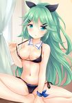  :o aqua_eyes bangs bare_arms bare_shoulders bikini bikini_pull black_bikini black_ribbon blush breasts cameltoe cleavage collarbone commentary_request curtains detached_collar eyebrows_visible_through_hair green_hair hair_between_eyes hair_ornament hair_ribbon hairclip hand_up indian_style kantai_collection long_hair looking_at_viewer medium_breasts navel nikoo nipples parted_bangs ponytail ribbon side-tie_bikini sitting solo strap_pull sunlight swimsuit very_long_hair window wrist_ribbon yamakaze_(kantai_collection) 