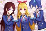  aikatsu! aikatsu!_(series) akitaka_akita blonde_hair blue_eyes blue_hair blush brown_hair girl_sandwich hair_ribbon holding_hands hoshimiya_ichigo kiriya_aoi long_hair looking_at_viewer multiple_girls open_mouth purple_eyes red_eyes ribbon sandwiched shibuki_ran side_ponytail skirt smile 