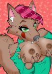  absurd_res anthro breasts canine clothed clothing digital_media_(artwork) evilthabad female fur hi_res looking_at_viewer mammal mature_female nipples simple_background solo tongue tongue_out wolf 