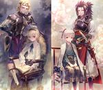  armor blonde_hair book brothers brown_hair chair character_name european_clothes fire_emblem fire_emblem_if frown hakama japanese_clothes katana leon_(fire_emblem_if) male_focus marks_(fire_emblem_if) miyuki_ruria multiple_boys ponytail red_eyes ryouma_(fire_emblem_if) shield siblings silver_hair sitting smile sword takumi_(fire_emblem_if) tiara weapon younger 