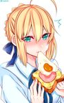  1girl ahoge aqua_eyes artoria_pendragon_(all) blonde_hair blush cheese eating fate/stay_night fate_(series) food fried_egg ham highres looking_at_viewer saber shisei_(kyuushoku_banchou) simple_background solo toast twitter_username white_background 