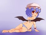  ass barefoot bat_wings bikini blue_background blue_hair bushi_(1622035441) fang feet hat looking_at_viewer looking_back lying mob_cap on_side open_mouth red_eyes remilia_scarlet short_hair simple_background solo swimsuit touhou wings wrist_cuffs 