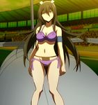  1girl bikini black_hair bra breasts female highres hououin_sanae keijo!!!!!!!! large_breasts outdoors panties sky solo standing stitched yellow_eyes 