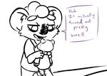  2016 anthro clancy_(inkyfrog) clothed clothing dialogue disney english_text fan_character holding_object inkyfrog koala male mammal marsupial mustelid percy_vison plushie polecat restricted_palette simple_background solo text white_background zootopia 