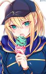  ahoge aqua_eyes artoria_pendragon_(all) blonde_hair blush breasts eating fate_(series) hat highres ice_cream_cone long_hair medium_breasts mysterious_heroine_x open_mouth ponytail rojiura_satsuki:_chapter_heroine_sanctuary scarf shisei_(kyuushoku_banchou) solo teeth tongue tongue_out twitter_username 