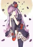  absurdres black_hairband black_hat black_legwear collarbone dress flower gothic_lolita hairband hat highres lolita_fashion long_hair looking_at_viewer mini_hat original petals purple_eyes purple_hair red_flower seneto smile solo thighhighs 