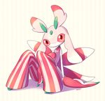  between_legs blueberry_(5959) bug full_body gen_7_pokemon insect looking_at_viewer lurantis no_humans orchid_mantis pink_eyes pinstripe_pattern pokemon pokemon_(creature) praying_mantis shadow sitting solo striped striped_background 