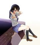  black_hair blue_neckwear blue_skirt food hair_ornament hands_in_hair ice_cream kneehighs loafers long_hair necktie original pleated_skirt red_eyes shirt shoes simple_background sitting skirt solo uttt white_background white_shirt 