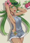  :d armpits arms_up bounsweet breasts collarbone covered_nipples crossed_legs dark_skin flower gen_7_pokemon green_eyes green_hair groin hair_flower hair_ornament long_hair mao_(pokemon) medium_breasts nigane no_bra open_mouth overalls pokemon pokemon_(anime) pokemon_(creature) pokemon_sm_(anime) sideboob silhouette smile solo standing trial_captain twintails very_long_hair 