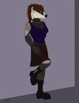  anthro badger bakari clothed clothing collar female fishnet looking_at_viewer mammal mustelid solo standing 
