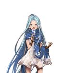  blue_eyes blue_hair dress earmuffs granblue_fantasy long_hair looking_at_viewer lyria_(granblue_fantasy) minaba_hideo official_art open_mouth scarf simple_background solo thigh_strap white_background white_dress 