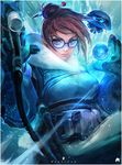  artist_name bangs beads black-framed_eyewear blue_background blue_gloves border breasts brown_eyes brown_hair coat drone floating fur_coat fur_trim glasses gloves hair_bun hair_ornament hair_stick holding holding_weapon ice large_breasts light_smile lips looking_at_viewer mei_(overwatch) nose overwatch pouch robot ross_tran short_hair signature snowball_(overwatch) solo upper_body watermark weapon white_border 