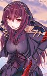  :d armor bodysuit breasts fate/grand_order fate_(series) gae_bolg highres holding holding_weapon large_breasts long_hair looking_at_viewer open_mouth purple_hair red_eyes scathach_(fate)_(all) scathach_(fate/grand_order) shisei_(kyuushoku_banchou) shoulder_armor smile solo twitter_username veil weapon 