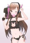  adapted_costume animal_band_panties bad_id bad_pixiv_id black_bra black_panties bra breasts brown_eyes brown_hair bubble_blowing bunny_cutout bunny_lingerie canape_(canape0130) charm_(object) chewing_gum choker cleavage_cutout collarbone contrapposto cowboy_shot d.va_(overwatch) eyebrows_visible_through_hair facepaint facial_mark finger_on_trigger frilled_bra frills gradient gradient_background gun handgun headphones holding holding_gun holding_weapon long_hair looking_at_viewer navel one_eye_closed overwatch panties pink_background pistol shiny shiny_skin side-tie_panties small_breasts solo standing underwear underwear_only v weapon whisker_markings white_background 