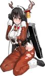  animal_costume antlers bell black_hair bob_(biyonbiyon) brown_eyes chikuma_(kantai_collection) full_body gloves kantai_collection kneeling long_hair machinery official_art open_clothes open_shirt reindeer_costume ribbon shirt shoes solo torn_clothes transparent_background 