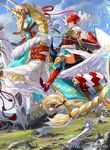  armor boots cape company_connection copyright_name day elbow_gloves feather_trim fire_emblem fire_emblem_cipher fire_emblem_if gloves hinoka_(fire_emblem_if) horn horseback_riding japanese_clothes mayo_(becky2006) official_art pegasus pegasus_knight petals red_eyes red_hair riding short_hair sky smile thigh_boots thighhighs thighs zettai_ryouiki 
