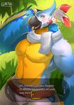  2016 anthro avian beak belt bird blue_feathers blush breath_of_the_wild chest_tuft clothed clothing dialogue english_text feathered_wings feathers kass_(zelda) looking_at_viewer male muscular muscular_male navel nintendo ocaritna orange_eyes pecs scarf solo standing sweat sweatdrop talking_to_viewer text the_legend_of_zelda topless tuft video_games winged_arms wings yellow_eyes yellow_feathers 