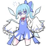  1girl ahoge alternate_hairstyle bespectacled blue_dress blue_eyes blue_hair bow bowtie cirno commentary contrapposto detached_sleeves dress glasses hair_bow ice ice_wings ponytail short_dress sleeveless sleeveless_dress sleeves_past_wrists smile solo standing touhou vils wings 