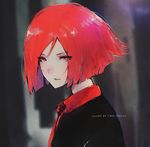  absurdres aoi_ogata artist_name bangs black_jacket blurry blurry_background bob_cut eyebrows_visible_through_hair eyelashes eyes_visible_through_hair from_side highres jacket looking_at_viewer open_mouth original parted_bangs parted_lips red_eyes red_hair short_hair solo upper_body 