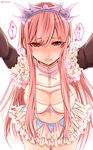  :d black_gloves blush breasts cleavage elbow_gloves fate/grand_order fate_(series) frills gloves highres large_breasts long_hair looking_at_viewer medb_(fate)_(all) medb_(fate/grand_order) navel open_mouth outstretched_arms pink_hair shisei_(kyuushoku_banchou) simple_background smile solo thigh_gap tiara twitter_username white_background yellow_eyes 