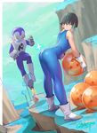  1girl absurdres alien armor ass bangs bare_shoulders bent_over black_hair blue_bodysuit blue_eyes blue_skin blunt_bangs blush bodysuit boots breastplate cliff closed_mouth cloud dated day dragon_ball dragon_ball_(object) dragon_ball_xenoverse dutch_angle embarrassed emblem floating from_side full_body gloves gorgeous_mushroom grass green_sky hand_up highres holding jaco_(ginga_patrol_jaco) kneepits legs_apart looking_at_another md5_mismatch mirai_senshi namek no_pupils outdoors rocket_boots saiyan scouter short_hair signature sketch skin_tight sky star star_print transparent tree unitard wavy_mouth white_footwear white_gloves yellow_eyes 