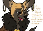  african_wild_dog anthro canine dialogue ear_piercing english_text female fur fur_coat gold_(metal) gold_tooth half-closed_eyes inkyfrog mammal multicolored_fur piercing solo text 