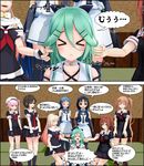  &gt;_&lt; 3d 6+girls :d =_= bare_shoulders beret black_gloves black_serafuku black_skirt blonde_hair blue_hair breasts brown_hair closed_eyes comic elbow_gloves fingerless_gloves flat_chest gloves gradient green_eyes green_hair hair_between_eyes hair_flaps hair_ornament hair_ribbon hairclip harusame_(kantai_collection) hat highres kantai_collection kneehighs long_hair medium_breasts mikumikudance multiple_girls murasame_(kantai_collection) neckerchief necktie open_mouth pink_hair pleated_skirt poking red_neckwear remodel_(kantai_collection) ribbon sailor_collar samidare_(kantai_collection) school_uniform serafuku shigure_(kantai_collection) shiratsuyu_(kantai_collection) shoes short_hair side_ponytail skirt small_breasts smile suzukaze_(kantai_collection) thighhighs translation_request twintails white_skirt yamakaze_(kantai_collection) yuudachi_(kantai_collection) 