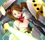  alternate_costume amorphous armor beam_saber bikini_armor breasts brown_eyes brown_hair cleavage energy_sword gundam gundam_build_fighters gundam_build_fighters_try highres large_breasts mecha_musume one_eye_closed r-gyagya sazaki_kaoruko shield smile solo sword twintails weapon 