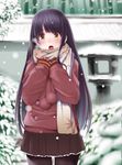  black_hair coat cold commentary_request gloves hime_cut houraisan_kaguya kozue_akari long_hair long_sleeves miniskirt pantyhose scarf sidelocks skirt snow snowing solo touhou very_long_hair winter winter_clothes yellow_eyes 