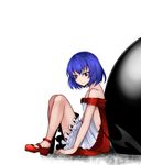  &gt;:( alternate_costume aoshima arm_support backless_dress backless_outfit bangs bare_shoulders bat_wings blue_hair cape closed_mouth commentary dress from_side frown full_body highres knees_up looking_at_viewer looking_to_the_side mary_janes no_hat no_headwear off-shoulder_dress off_shoulder red_eyes red_footwear remilia_scarlet rumia rumia_(darkness) shoes short_dress short_hair sitting solo touhou v-shaped_eyebrows white_dress wings 