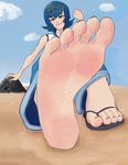  10s 1girl arm_support bangs barefoot beach blue_eyes blue_hair blunt_bangs cloud day feet flip-flops hairband looking_at_viewer nintendo npc_trainer outdoors pokemon pokemon_(game) pokemon_sm pov pov_feet rock shoes_removed short_hair sitting sky smile soles solo suiren_(pokemon) toes trial_captain 
