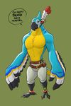  2016 adam_wan anthro beak blue_feathers breath_of_the_wild chest_tuft clothed clothing crest dialogue english_text feathers kass_(zelda) male navel nintendo red_eyes solo talons text the_legend_of_zelda topless tuft video_games winged_arms wings 