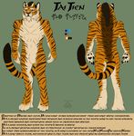 anthro bakari english_text fangs feline fur hair horn hybrid male mammal model_sheet nude smile solo standing teeth text tiger 